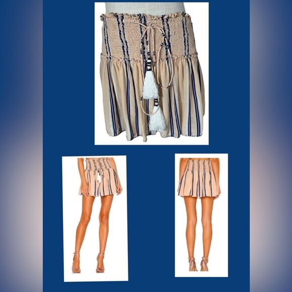HEMANT & NANDITA Sand Tan Nautical Striped Silk Drawstring Mini Skirt - Picture 1 of 11